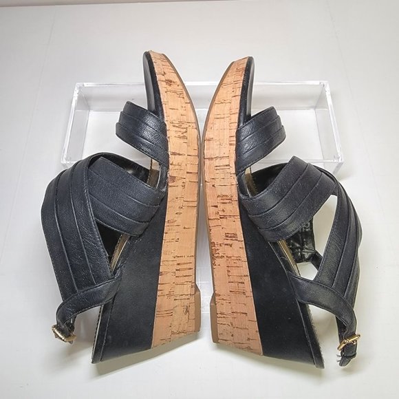 Franco Sarto  Cork Platform Wedge Heel Leather Sandals Black - Picture 2 of 8